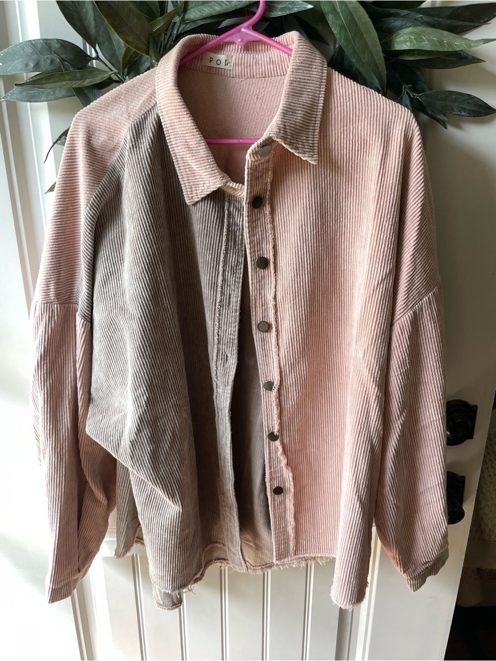 POL Two-Tone Pink & Taupe Corduroy Button-Up Jacket